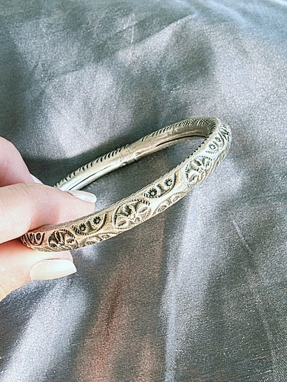 Vintage Handcrafted Old Silver Repousse hollow Cross-Floral Cuff Bracelet